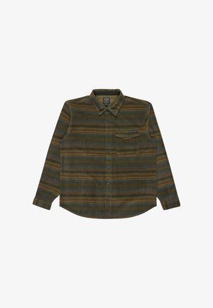 Button-up shirt in green, brown, and blue stripes; long sleeves; single chest pocket; soft flannel material; rounded hem, casual design.