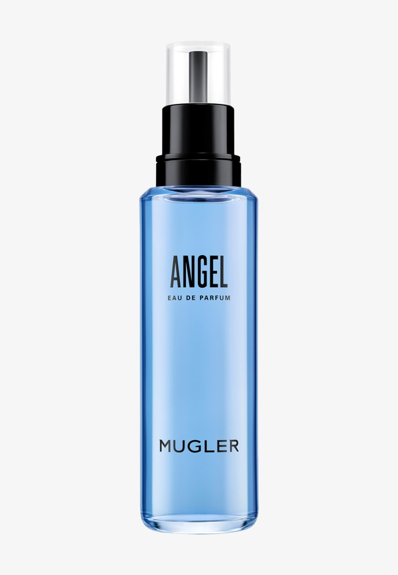 Blue transparent spray bottle labeled Angel Eau de Parfum by Mugler with black spray nozzle and clear protective cap.