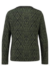 Langärmliger Pullover in Dunkelgrün mit strukturiertem Rautenmuster in Schwarz. Rundhalsausschnitt mit "FASHION"-Detail auf der Rückseite.