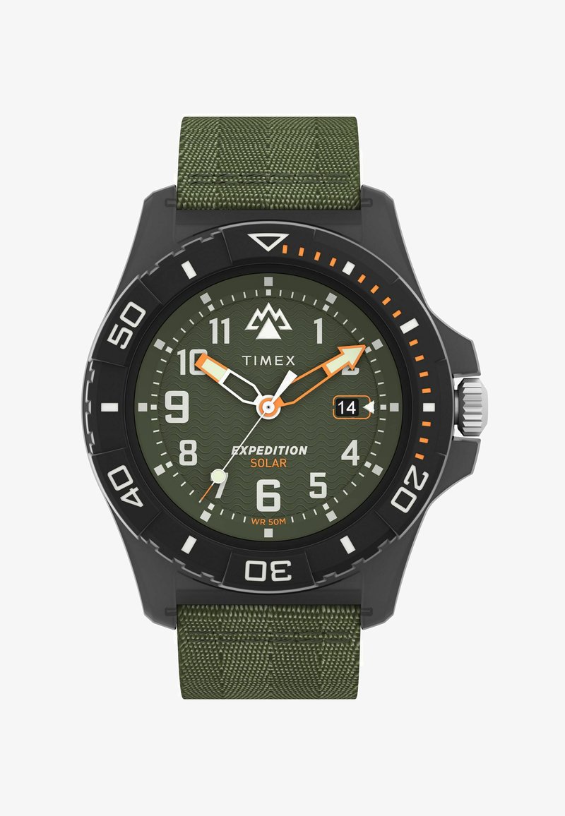Timex Expedition Solar kell musta korpusega, roheline tekstuuritud kellface, oranžid aktsendid ja roheline nailonist rihm. Veekindel kuni 50 meetrit.