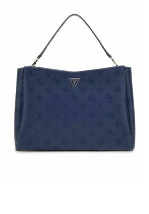 Dunkelblaue Handtasche aus Kunstleder mit geprägtem Logo-Muster, strukturierter Form, oberen Griff und metallener Logo-Platte als Akzent auf der Vorderseite.