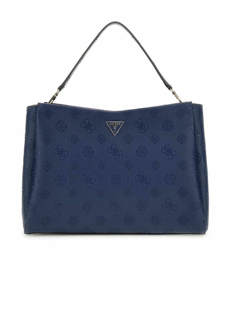 Marineblauwe neplederen handtas met een reliëflogo-patroon, gestructureerde vorm, bovenhandvat en metalen logo-plaat accent aan de voorkant.