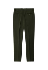 Pantaloni de culoare verde măsliniu, confecționați dintr-un material cu textură netedă, având două buzunare în spate și butoane metalice distinctive. Design clasic cu picior drept.