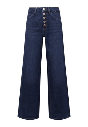 Dark blue wide-leg jeans made of denim. Features a high waist and a five-button front closure with subtle stitching details on back pockets.