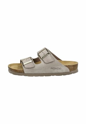 Gray suede slide sandal with two metal adjustable buckles, brown cork footbed, and textured rubber sole. Brand logo "ROHDE" visible.