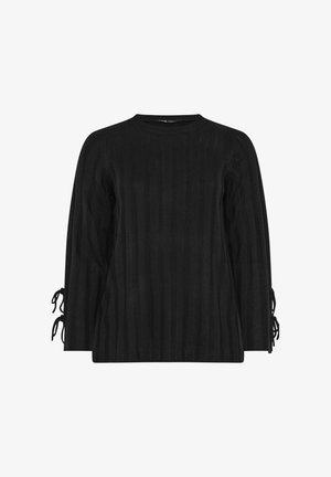 Pull en tricot noir à côtes avec un col rond, des manches longues dotées de liens ajustables aux poignets, et une coupe décontractée.