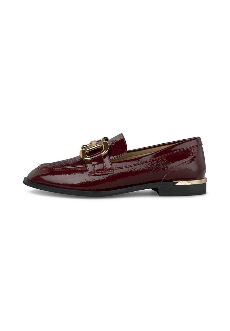Burgundy patent leather loafer with a gold-tone buckle detail, pointed toe, low heel, and smooth texture. Classic design with metallic accent.