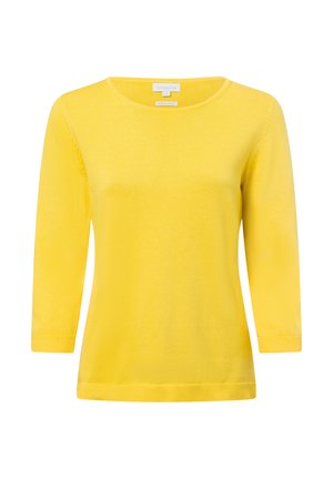 Gelbes Strickoberteil mit rundem Halsausschnitt, Dreiviertelärmel und gerippten Säumen. Aus weichem Stoff mit glatter Textur hergestellt.