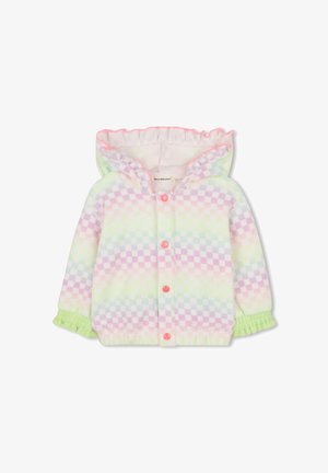 Pastelkleurige fleece hoodie met een dambordpatroon. Roze knoopsluitingen, gerimpelde kap en groene elastische manchetten met een zachte textuur.