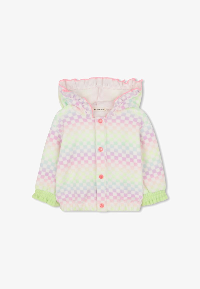 Sweat à capuche en polaire pastel avec un motif à damier. Fermetures à boutons roses, capuche à froufrous et poignets élastiques verts avec une texture douce.