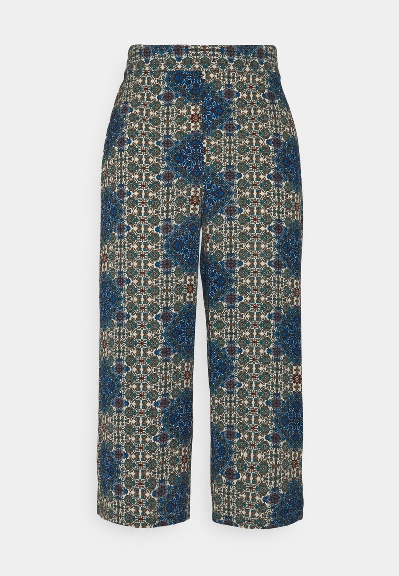 Pantalon pantalon large à motifs dans un mélange de bleu, vert et bordeaux. Présente des motifs floraux et géométriques complexes sur un fond clair.