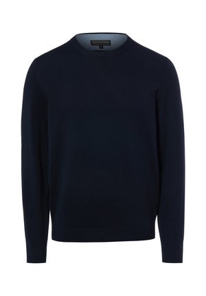 Pull bleu marine à manches longues avec col rond, en tissu fin tricoté avec poignets et ourlet côtelés.