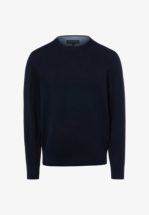 Navyblauer Langarmpullover mit Rundhalsausschnitt aus feinem Strickstoff mit gerippten Bündchen und Saum.