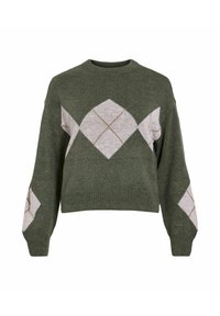 Pull en maille vert olive avec des motifs de losanges argyle blancs et beiges sur la poitrine et les manches, dotée d'un col rond et de poignets et d'un ourlet côtelés.
