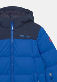 Blue puffer jacket with a dark blue hood and upper section. Features a zipper closure, logo on chest, and a patch on the sleeve.
