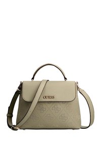 Vaaleanvihreä teksturoitu käsilaukku, jossa on yläkahva ja säädettävä olkahihna. Laukussa on hienovarainen kuvioitu muotoilu ja kullanvärinen logokoriste.