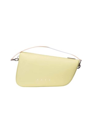 Light green shoulder handbag with a slim beige strap and a silver zipper, featuring small white text in the center.
