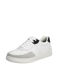 White athletic shoes featuring a smooth leather upper with gray suede accents and black detailing, equipped with a textured rubber sole.