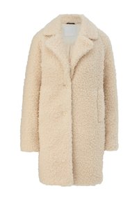 Manteau texturé beige avec un extérieur doux et duveteux, doté d'un col à revers et de trois boutons à l'avant. Comprend des poches latérales pour le rangement.