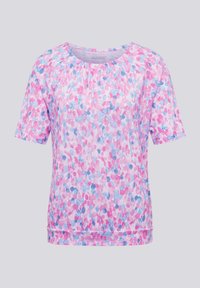 Short-sleeve pink top featuring a multicolored pattern of blue and light pink dots, with a round neckline and a casual fit.