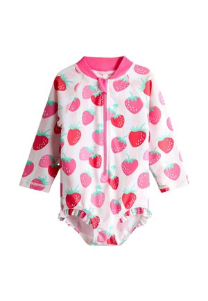 Costum de baie cu mâneci lungi pentru bebeluși, cu guler roz, fermoar frontal și imprimeu complet cu căpșuni roșii și roz, marginile cu volănașe la picioare.