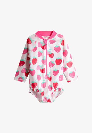 Bañador de manga larga para bebé con cuello rosa, cremallera frontal y estampado integral de fresas rojas y rosas, con volantes en las aperturas de las piernas.