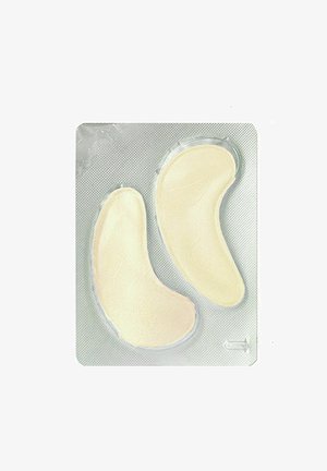 Hydrożelowe płatki na oczy w przezroczystym, zakrzywionym kształcie z gładką, jasnopomarańczową powierzchnią. Zapakowane w srebrne, teksturowane opakowanie.