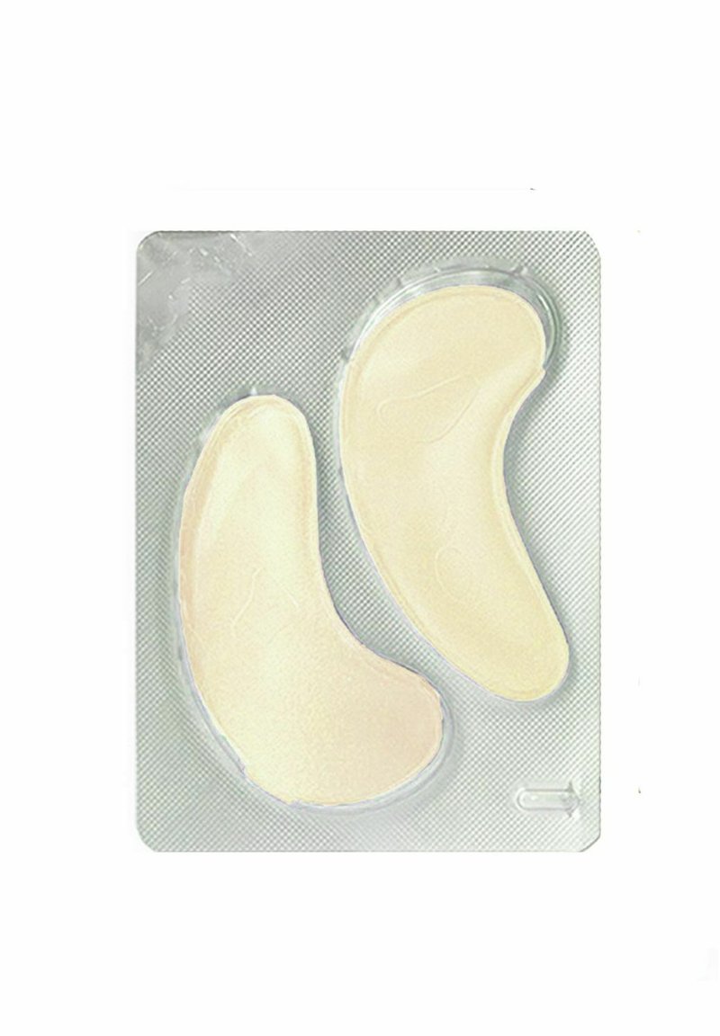 Hydrożelowe płatki na oczy w przezroczystym, zakrzywionym kształcie z gładką, jasnopomarańczową powierzchnią. Zapakowane w srebrne, teksturowane opakowanie.