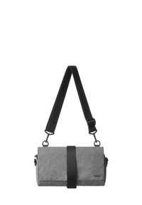 Gray textured bag with a cylindrical shape, black adjustable strap, and a contrasting black strap across the middle for closure.