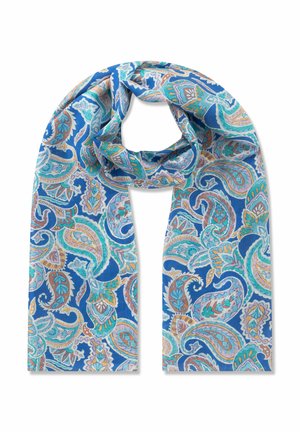 Blauwe sjaal met ingewikkelde paisley-patronen in turquoise, oranje en wit, zachtjes gedraaid in het midden.