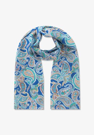 Blauwe sjaal met ingewikkelde paisley-patronen in turquoise, oranje en wit, zachtjes gedraaid in het midden.