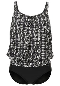 Schwarzes und weißes gemustertes Schwimmtop mit lockerer Passform, dazu eine einfarbige schwarze Unterhose. Verfügt über breite Träger und geraffte Stoffdetails im Brustbereich.