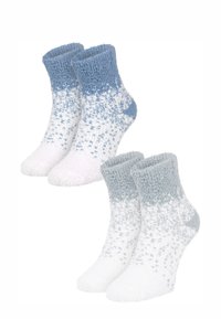 Zwei Paar gemütliche Socken mit einem Farbverlauf-Design, featuring einen blauen Rippkragen und einem weichen weißen Grund, verziert mit einem strukturierten Muster.
