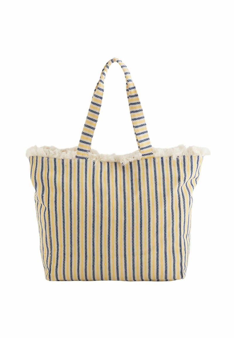 Sac fourre-tout rayé avec des lignes verticales bleues et jaunes, en matériau textile doux, et bords supérieurs effilochés. Deux poignées tressées pour un transport facile.