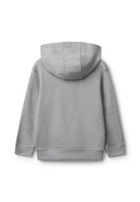 Sudadera con capucha de color gris claro mostrada desde la parte de atrás, con mangas largas y puños y dobladillo de canalé.
