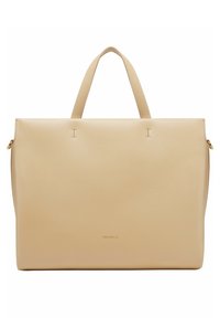 Beige læder tote taske med to håndtag, flad design, diskrete syninger og et guldlogo i bunden af midten.