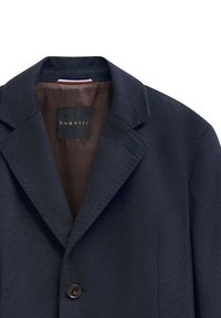 Marineblaues Wollmischung-Blazer mit Reverskragen, Ein-Knopf-Verschluss und braunem Futter, das ein Etikett mit "bugatti" in goldener Schrift aufweist.