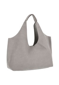Szürke bőrtáska laza kialakítással, széles nyílással és ívelt fogantyúkkal. Simító felület minimalista varrással.
