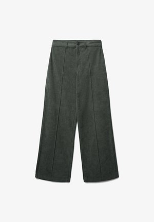 High-waisted, wide-leg dark green corduroy trousers with front pleats, belt loops, and a button closure at the waistband.