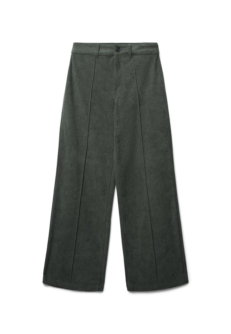 Pantaloni in corduroy verde scuro a vita alta e gamba larga, con pieghe frontali, passanti per cintura e chiusura a bottone in vita.