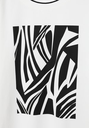 Melnbalts abstrakts grafisks dizains ar izteiktiem, izstieptiem laukumiem uz balta fona, ar dažāda biezuma līnijām un pārklājošiem rakstiem.