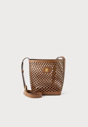 Brown leather crossbody bucket bag with a lattice cutout design and gold Bally logo on a white background.