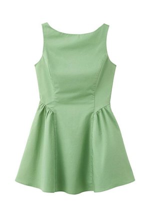 Rochie fără mâneci, verde deschis, până la genunchi, cu corset strâmt și fustă evazată, având pliuri subtile în talie.