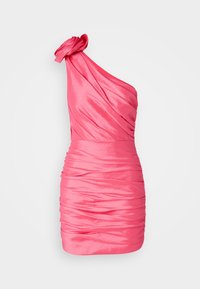 One-shoulder pink satin dress with gathered texture, fitted silhouette, and a rose accent on the shoulder. Short length.
