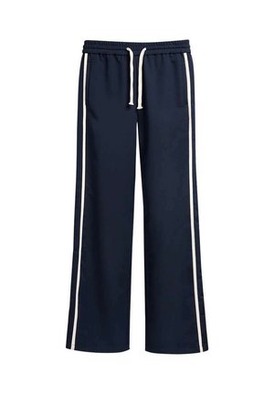 Pantalon de survêtement bleu marine à jambes larges avec des bandes blanches sur les côtés, taille élastique et cordon blanc, doté de poches avant.