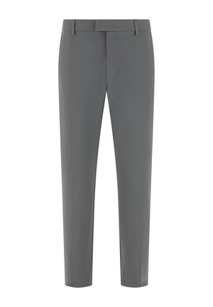 Grau geschnittene Hose mit geradem Bein, Gürtelschlaufen, Frontreißverschluss und einem klaren, minimalistischen Design auf weißem Hintergrund.