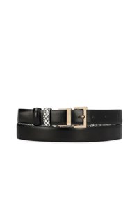 Curea neagră din piele cu o cataramă dreptunghiulară aurie și o secțiune accentuată gri țesută. Textură netedă și mai multe găuri pentru ajustarea mărimii incluse.