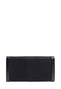 Černá kožená peněženka s hladkým povrchem, minimalistického designu, rovnými okraji a bez viditelného kování či ozdob.