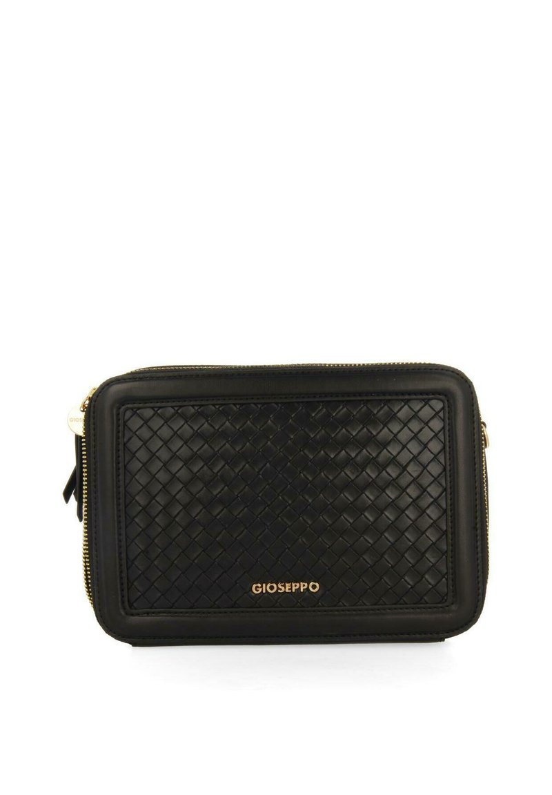 Pochette en cuir tressé noir à la forme rectangulaire, avec une fermeture éclair en or et un logo de marque embossé à l'avant. Design texturé pour une meilleure prise en main.