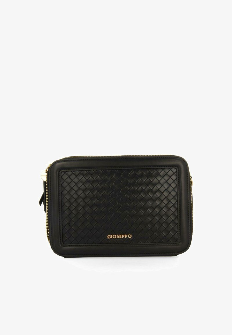 Pochette en cuir tressé noir à la forme rectangulaire, avec une fermeture éclair en or et un logo de marque embossé à l'avant. Design texturé pour une meilleure prise en main.